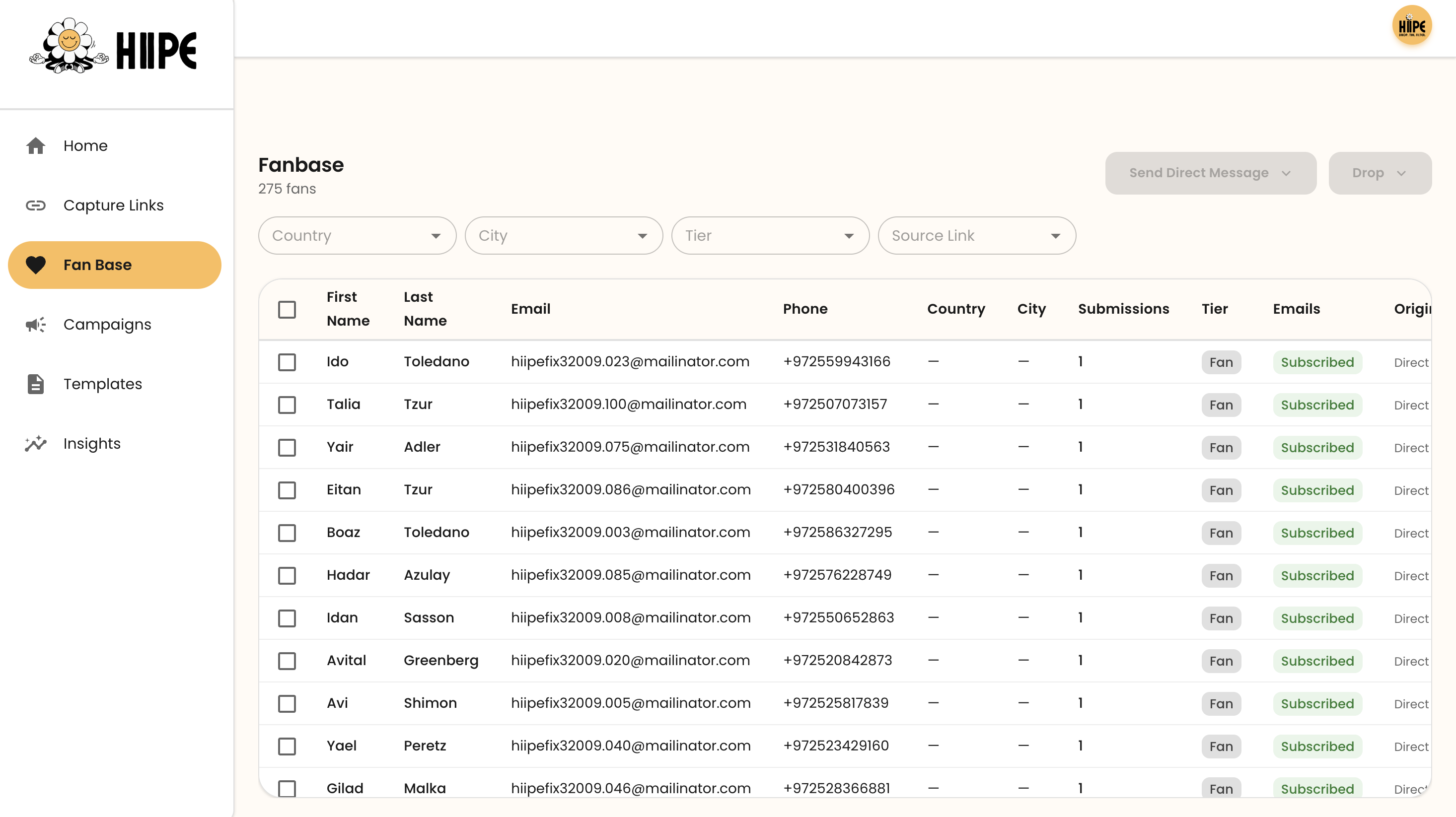 The HIIPE Fanbase dashboard, one profile per fan