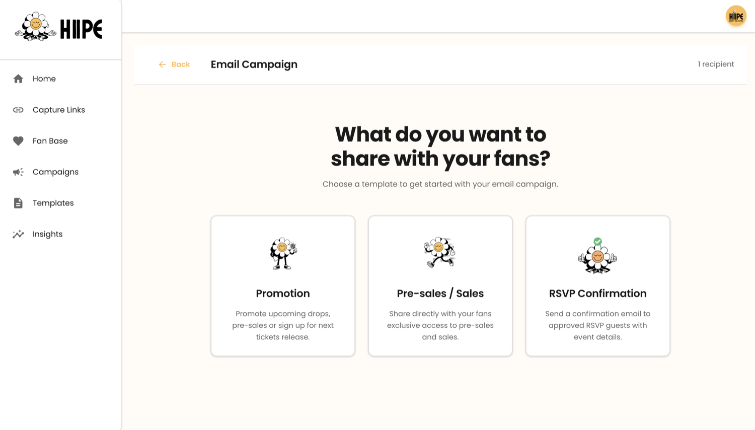 The HIIPE campaigns screen, one send across email, SMS, RCS and social DMs