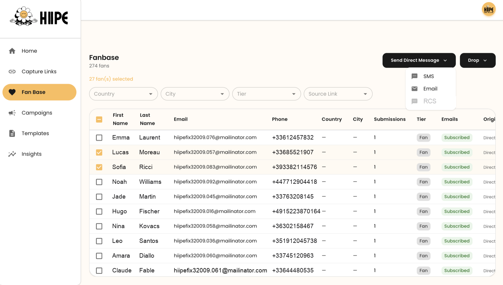 The HIIPE Fanbase dashboard, one profile per fan